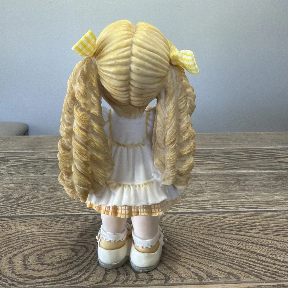 Sweet Kids Co Girl Figurine with Teddy Bear & Yellow Plaid Bows Hair in Pigtails